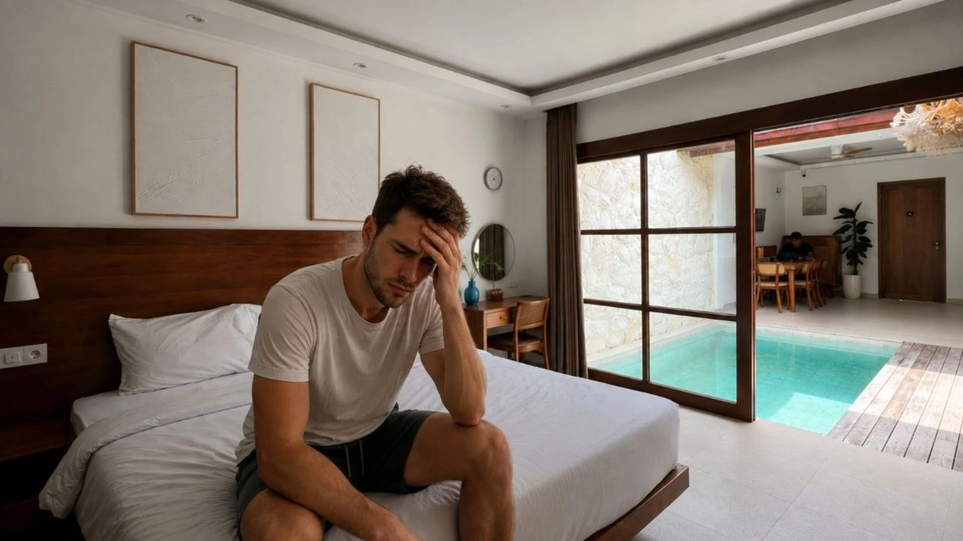 Person with hangover headache resting in a Bali villa bedroom